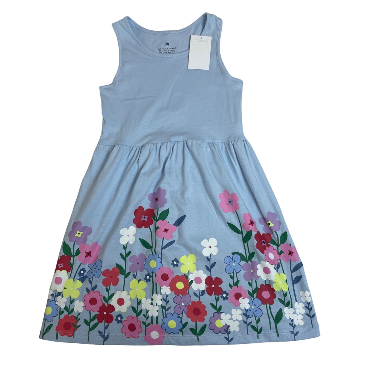 H&M Girls Sleeveless Blue Floral Print Summer Dress Size 6X-7 - New