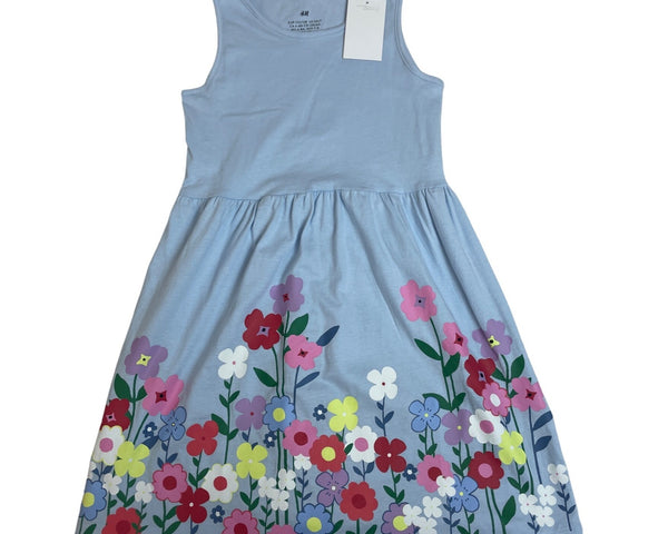 H&M Girls Sleeveless Blue Floral Print Summer Dress Size 6X-7 - New