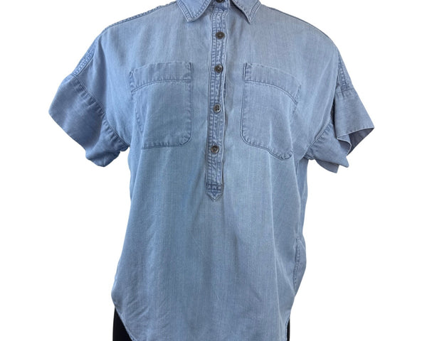 Chaps Petite Light Blue Button-Down Short Sleeve Denim Shirt Size PXS