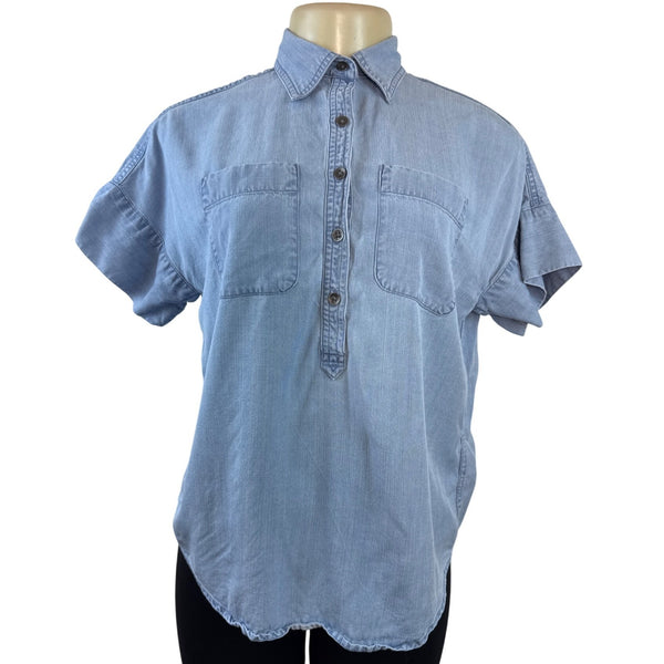 Chaps Petite Light Blue Button-Down Short Sleeve Denim Shirt Size PXS