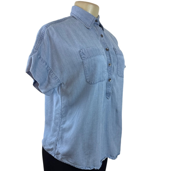 Chaps Petite Light Blue Button-Down Short Sleeve Denim Shirt Size PXS