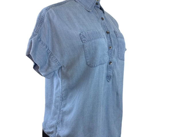 Chaps Petite Light Blue Button-Down Short Sleeve Denim Shirt Size PXS