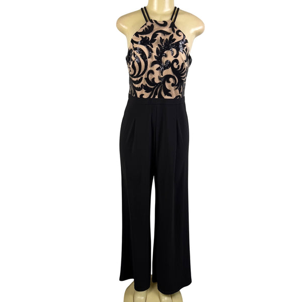 Nightway Womens Black Sequin Embellished Halter Jumpsuit Mesh Overlay Size 8