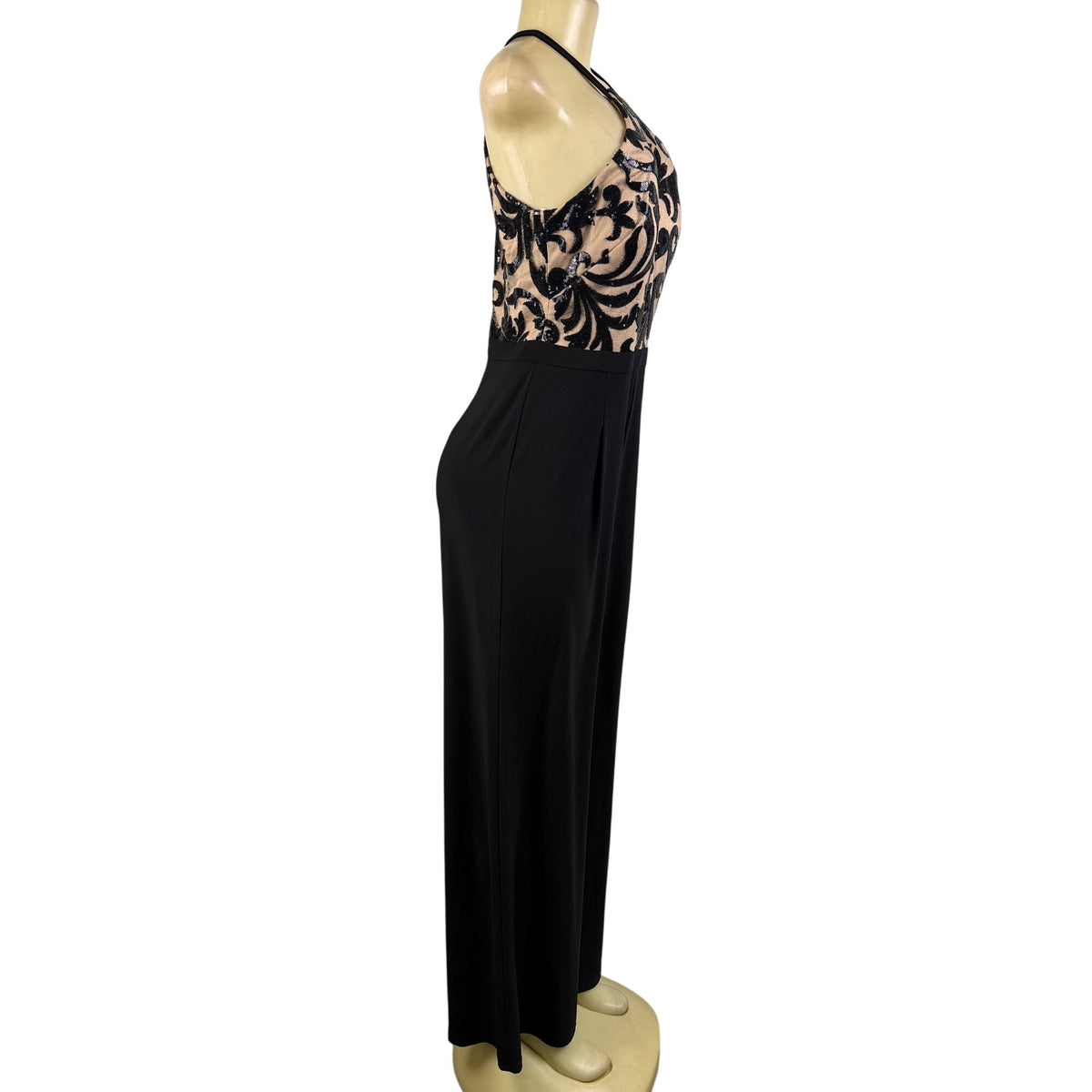 Nightway Womens Black Sequin Embellished Halter Jumpsuit Mesh Overlay Size 8