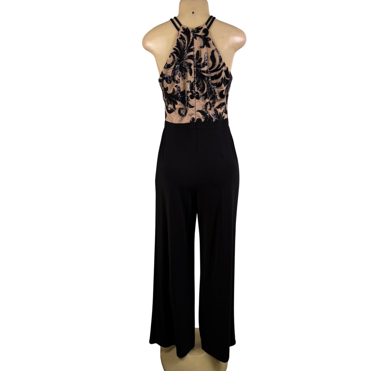 Nightway Womens Black Sequin Embellished Halter Jumpsuit Mesh Overlay Size 8