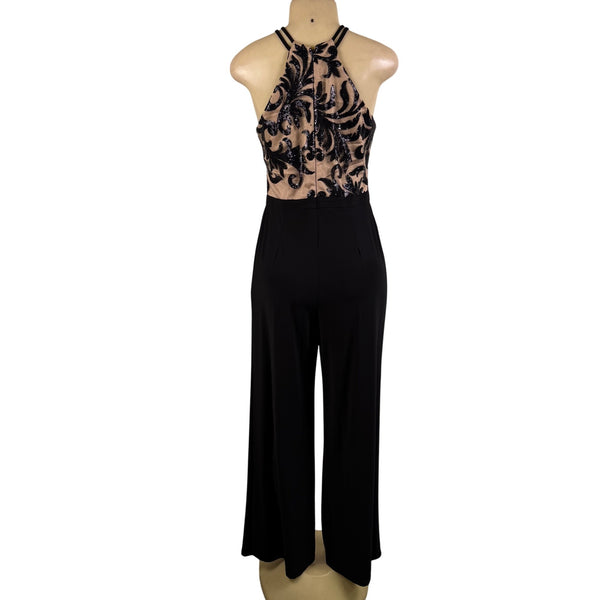 Nightway Womens Black Sequin Embellished Halter Jumpsuit Mesh Overlay Size 8