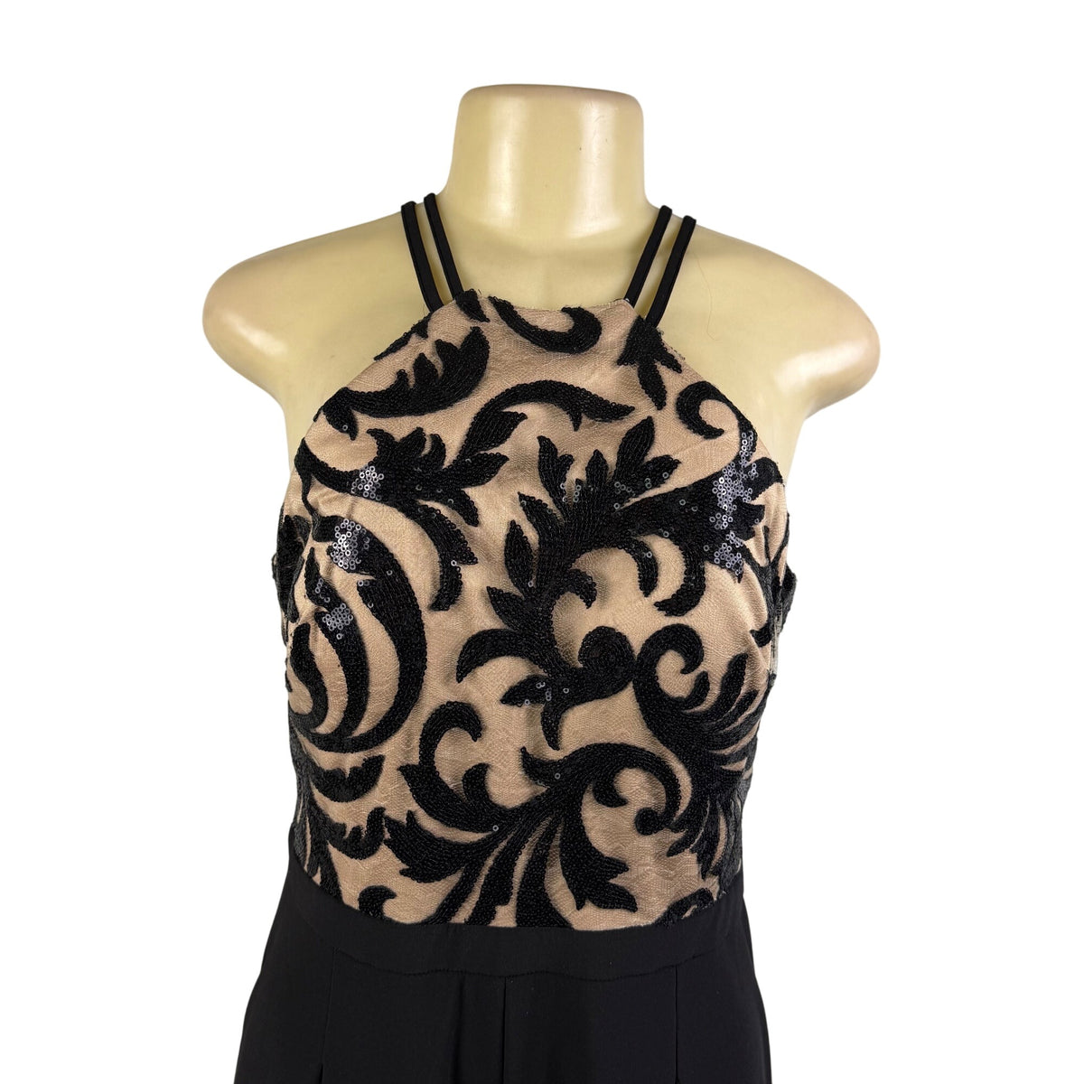 Nightway Womens Black Sequin Embellished Halter Jumpsuit Mesh Overlay Size 8