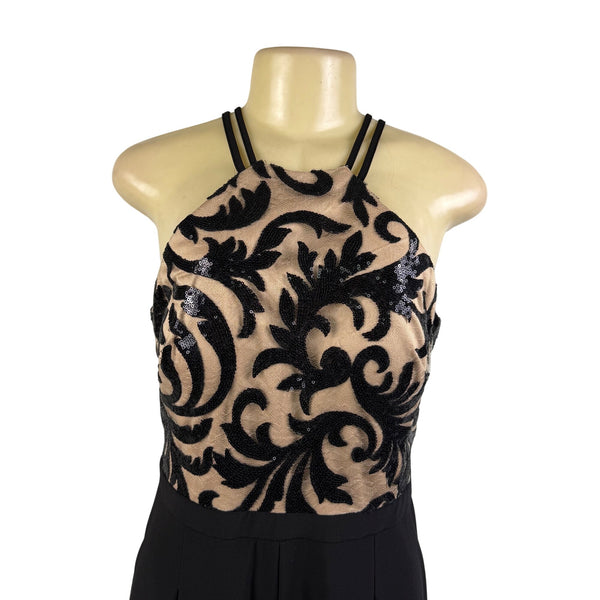 Nightway Womens Black Sequin Embellished Halter Jumpsuit Mesh Overlay Size 8