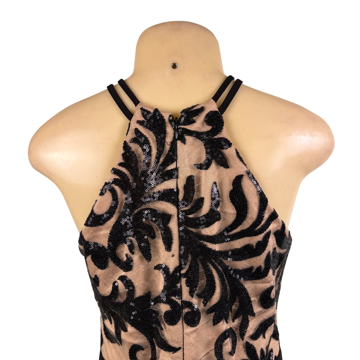 Nightway Womens Black Sequin Embellished Halter Jumpsuit Mesh Overlay Size 8