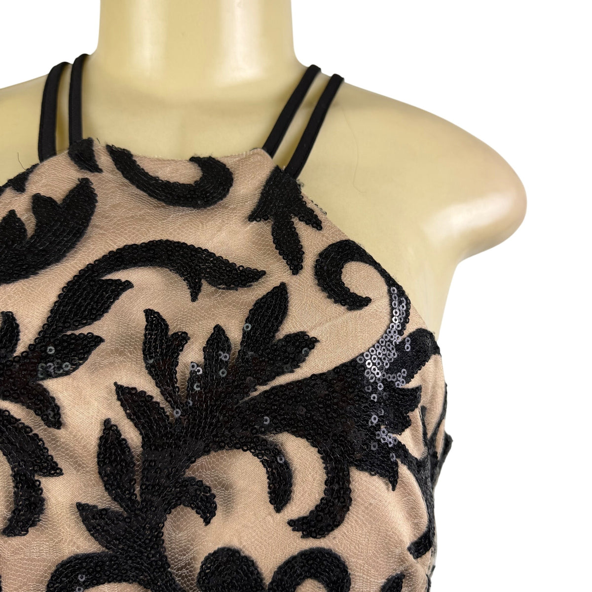 Nightway Womens Black Sequin Embellished Halter Jumpsuit Mesh Overlay Size 8