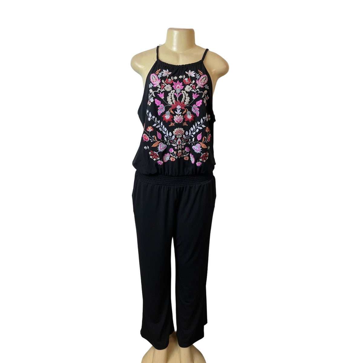Womens Black Floral Embroidered Sleeveless Jumpsuit Sz PL