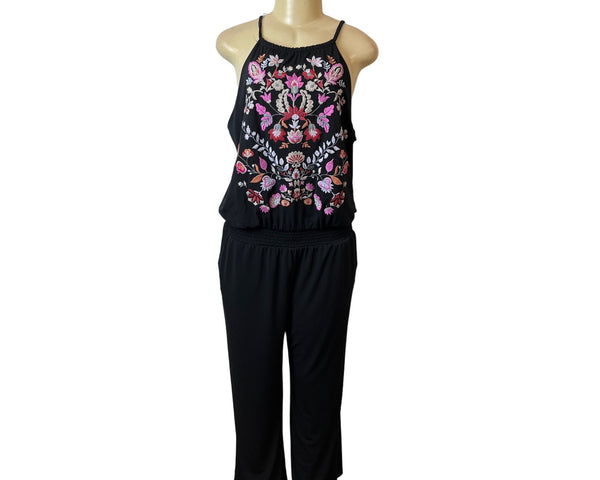 Womens Black Floral Embroidered Sleeveless Jumpsuit Sz PL