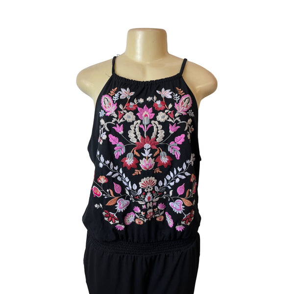Womens Black Floral Embroidered Sleeveless Jumpsuit Sz PL