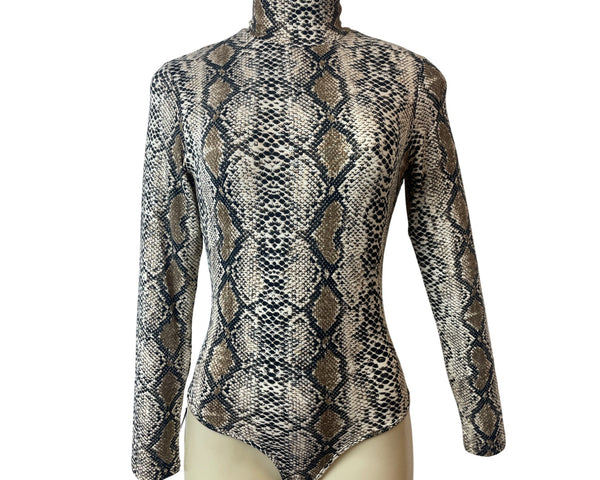 Queen. M Womens Snake Print Long Sleeve Bodysuit Turtleneck Sz S - New