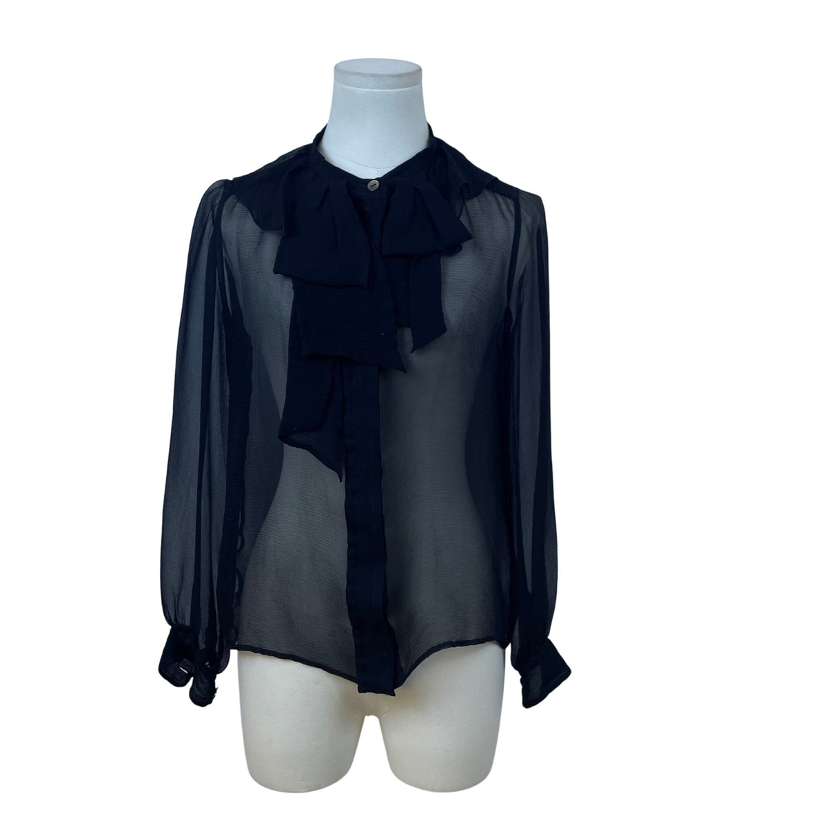 Chloé Womens Black Silk Sheer Blouse With Neck Tie Long Sleeve France Size 38