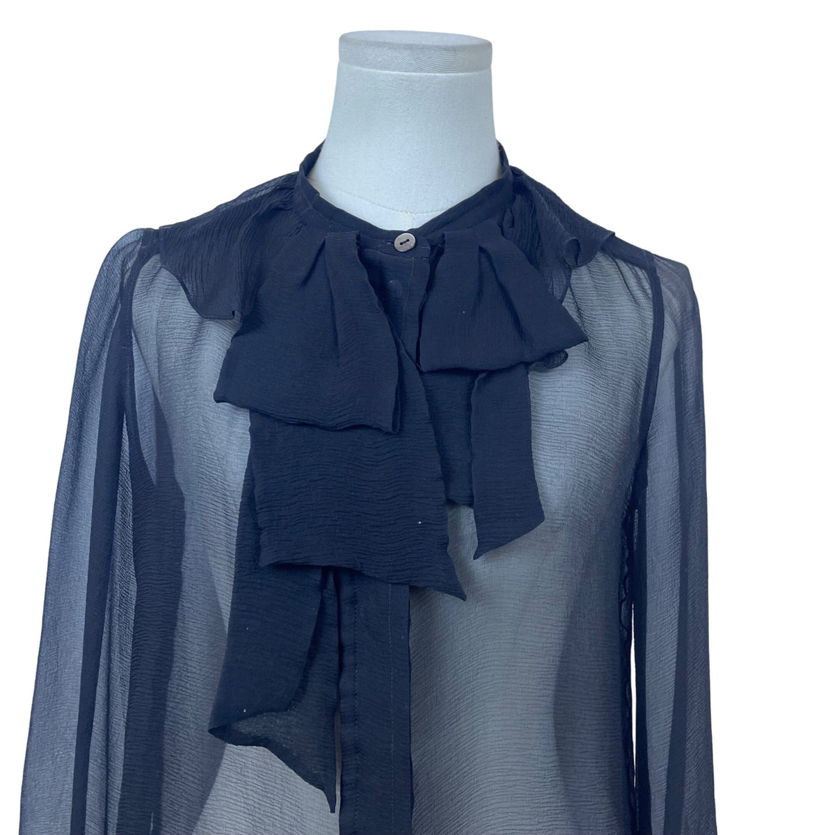 Chloé Womens Black Silk Sheer Blouse With Neck Tie Long Sleeve France Size 38