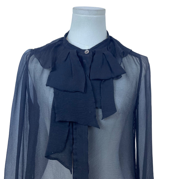 Chloé Womens Black Silk Sheer Blouse With Neck Tie Long Sleeve France Size 38