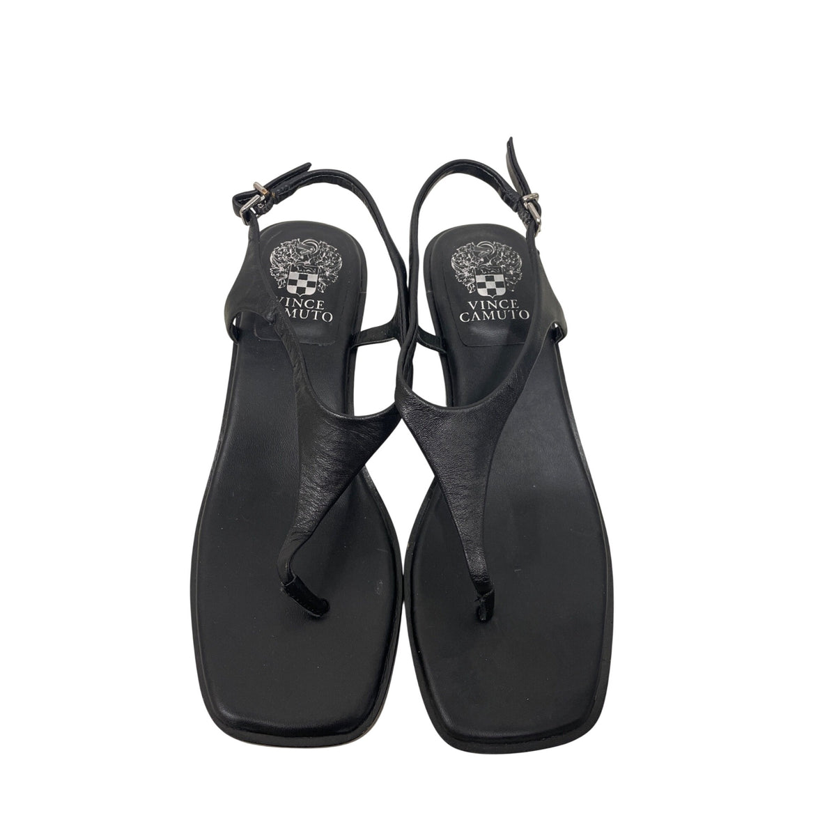 Vince Camuto Womens Black Leather Kitten Heel Sandal Size 7.5M Strappy Open Toe Shoes