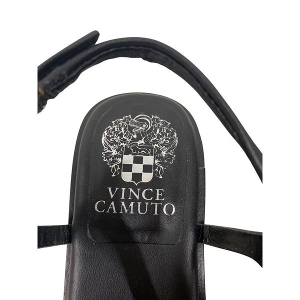 Vince Camuto Womens Black Leather Kitten Heel Sandal Size 7.5M Strappy Open Toe Shoes
