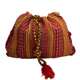 Handmade Knitted Backpack Multicolor Striped With Geometric Pattern Drawstrings