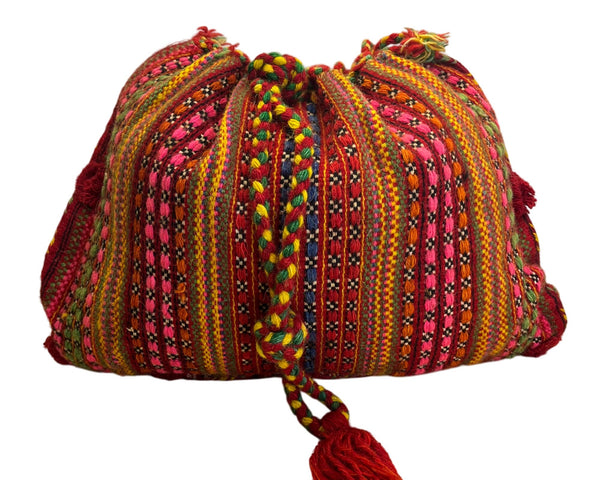 Handmade Knitted Backpack Multicolor Striped With Geometric Pattern Drawstrings
