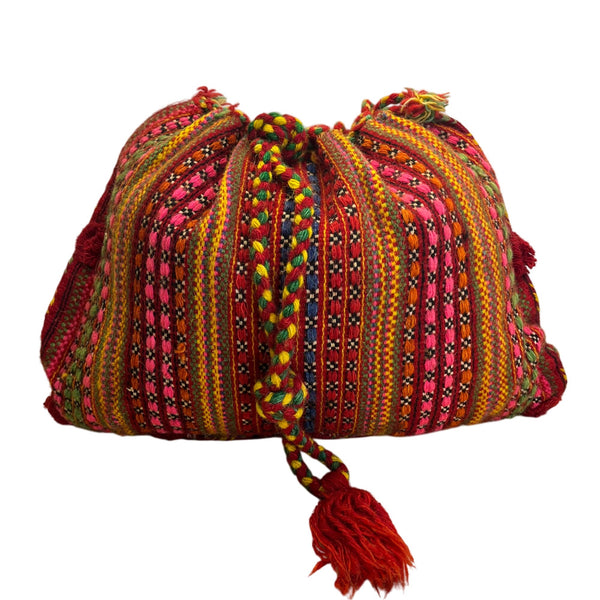 Handmade Knitted Backpack Multicolor Striped With Geometric Pattern Drawstrings