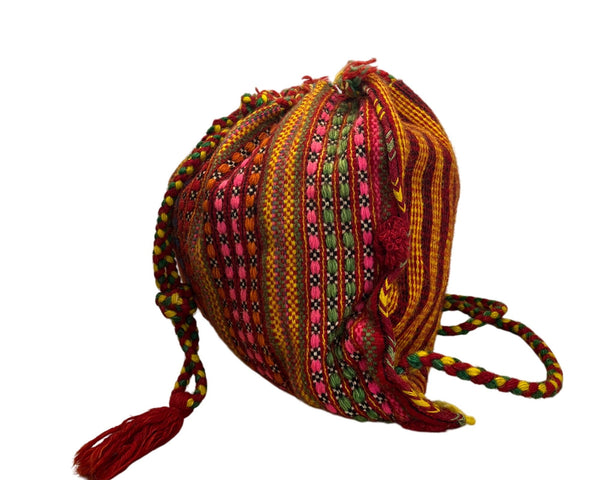 Handmade Knitted Backpack Multicolor Striped With Geometric Pattern Drawstrings