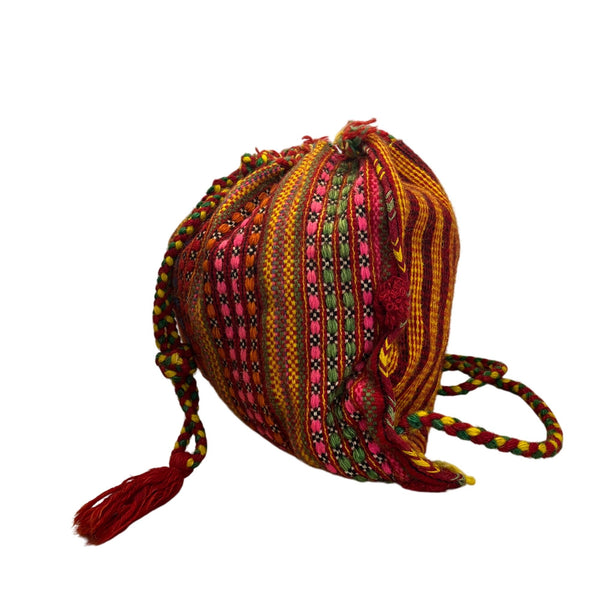 Handmade Knitted Backpack Multicolor Striped With Geometric Pattern Drawstrings