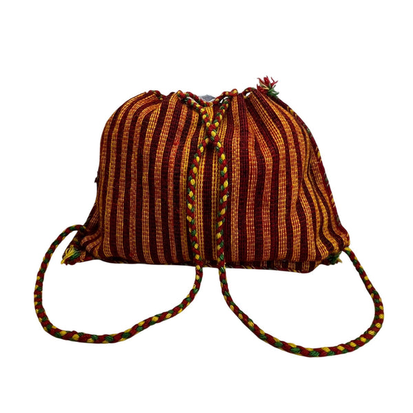 Handmade Knitted Backpack Multicolor Striped With Geometric Pattern Drawstrings