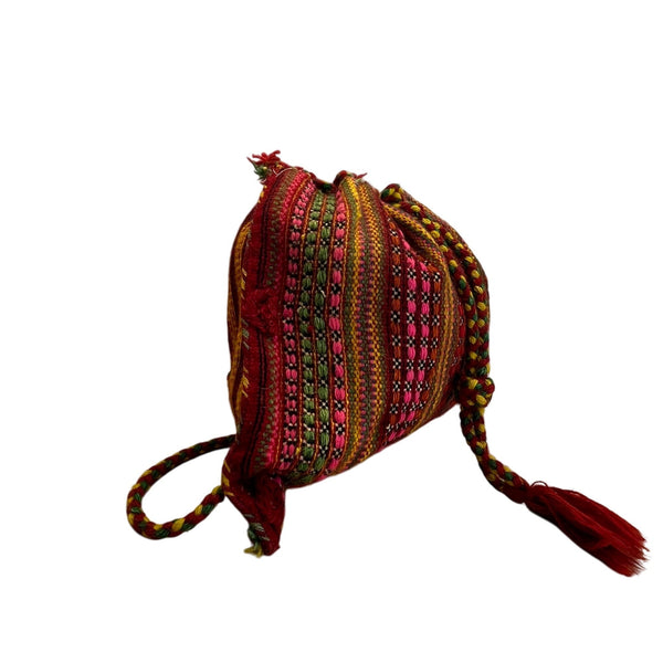 Handmade Knitted Backpack Multicolor Striped With Geometric Pattern Drawstrings