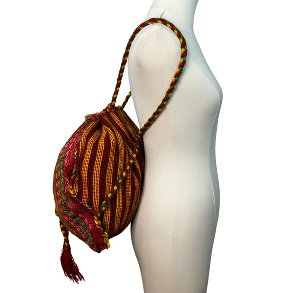 Handmade Knitted Backpack Multicolor Striped With Geometric Pattern Drawstrings