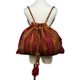 Handmade Knitted Backpack Multicolor Striped With Geometric Pattern Drawstrings