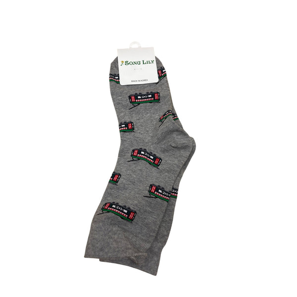 Song Lily Unisex Gray Cotton Blend Novelty Socks Red & Green Train Design Free Size