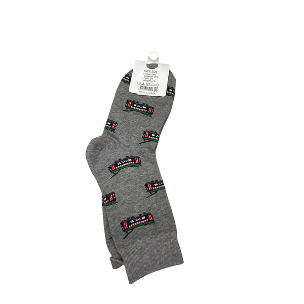 Song Lily Unisex Gray Cotton Blend Novelty Socks Red & Green Train Design Free Size