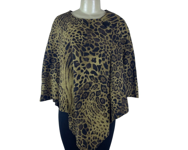 Animal Print Women's Lightweight Poncho With Decorative Button Closure OS