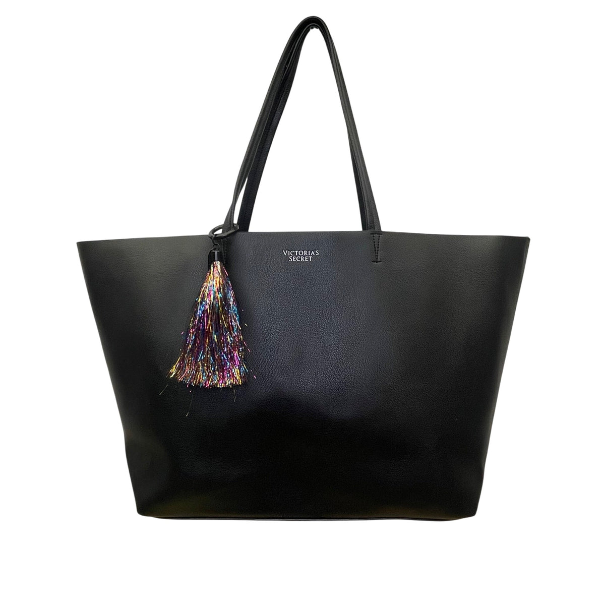 Victorias Secret Women’s Black Faux Leather Multicolor Tassel Accent Tote Bag