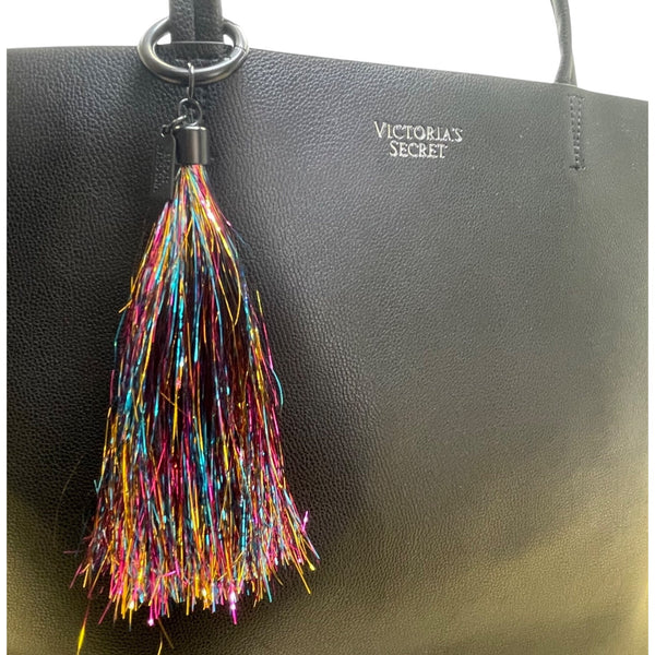 Victorias Secret Women’s Black Faux Leather Multicolor Tassel Accent Tote Bag