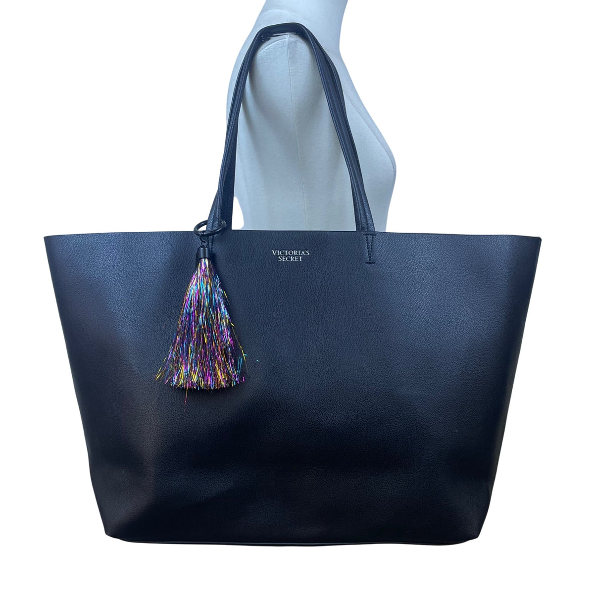 Victorias Secret Women’s Black Faux Leather Multicolor Tassel Accent Tote Bag
