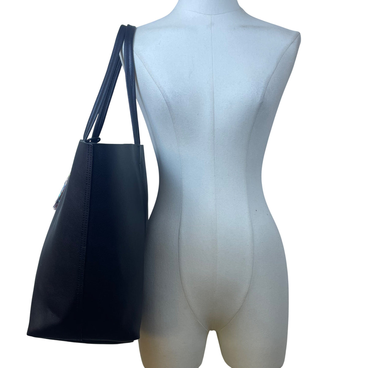 Victorias Secret Women’s Black Faux Leather Multicolor Tassel Accent Tote Bag