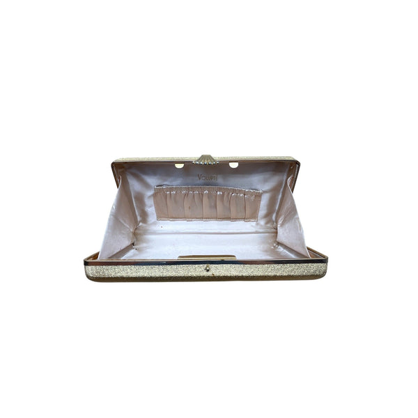 Vintage Volupté Gold Hard Shell Rhinestone Clasp Clutch Purse Sz S
