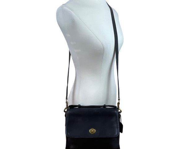 Vintage Coach Black Leather Turn Lock Adjustable Strap Crossbody Bag Sz M