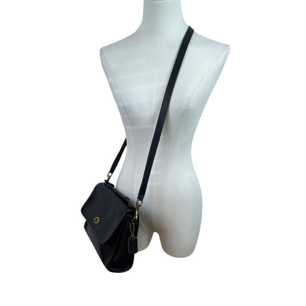 Vintage Coach Black Leather Turn Lock Adjustable Strap Crossbody Bag Sz M