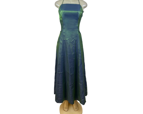 Nadine Green & Blue Iridescent Halter Maxi Dress Satin Back Tie Adjustable Sz 9