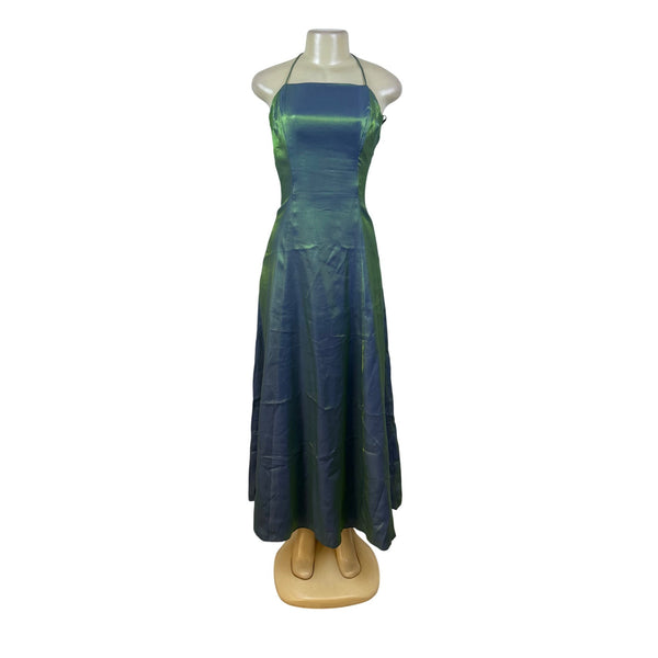 Nadine Green & Blue Iridescent Halter Maxi Dress Satin Back Tie Adjustable Sz 9