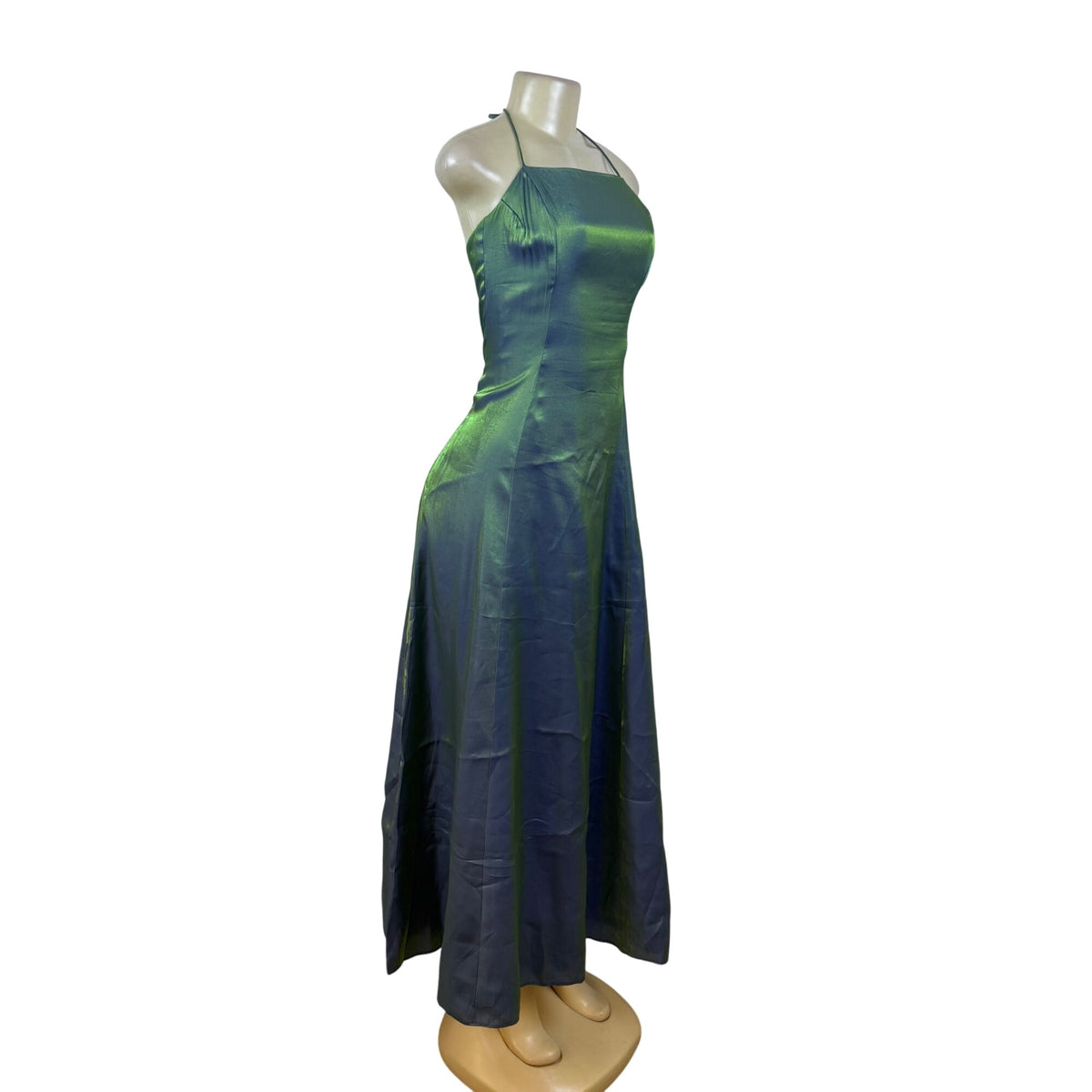 Nadine Green & Blue Iridescent Halter Maxi Dress Satin Back Tie Adjustable Sz 9