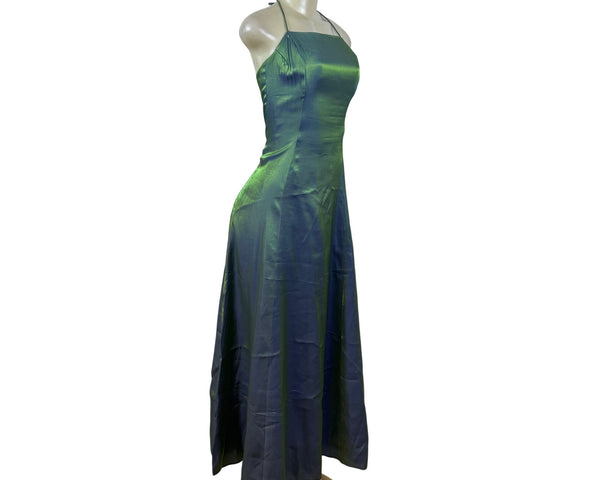 Nadine Green & Blue Iridescent Halter Maxi Dress Satin Back Tie Adjustable Sz 9