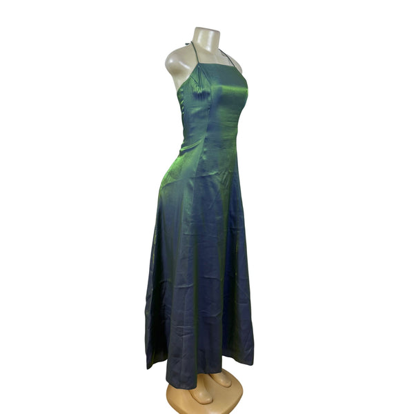 Nadine Green & Blue Iridescent Halter Maxi Dress Satin Back Tie Adjustable Sz 9