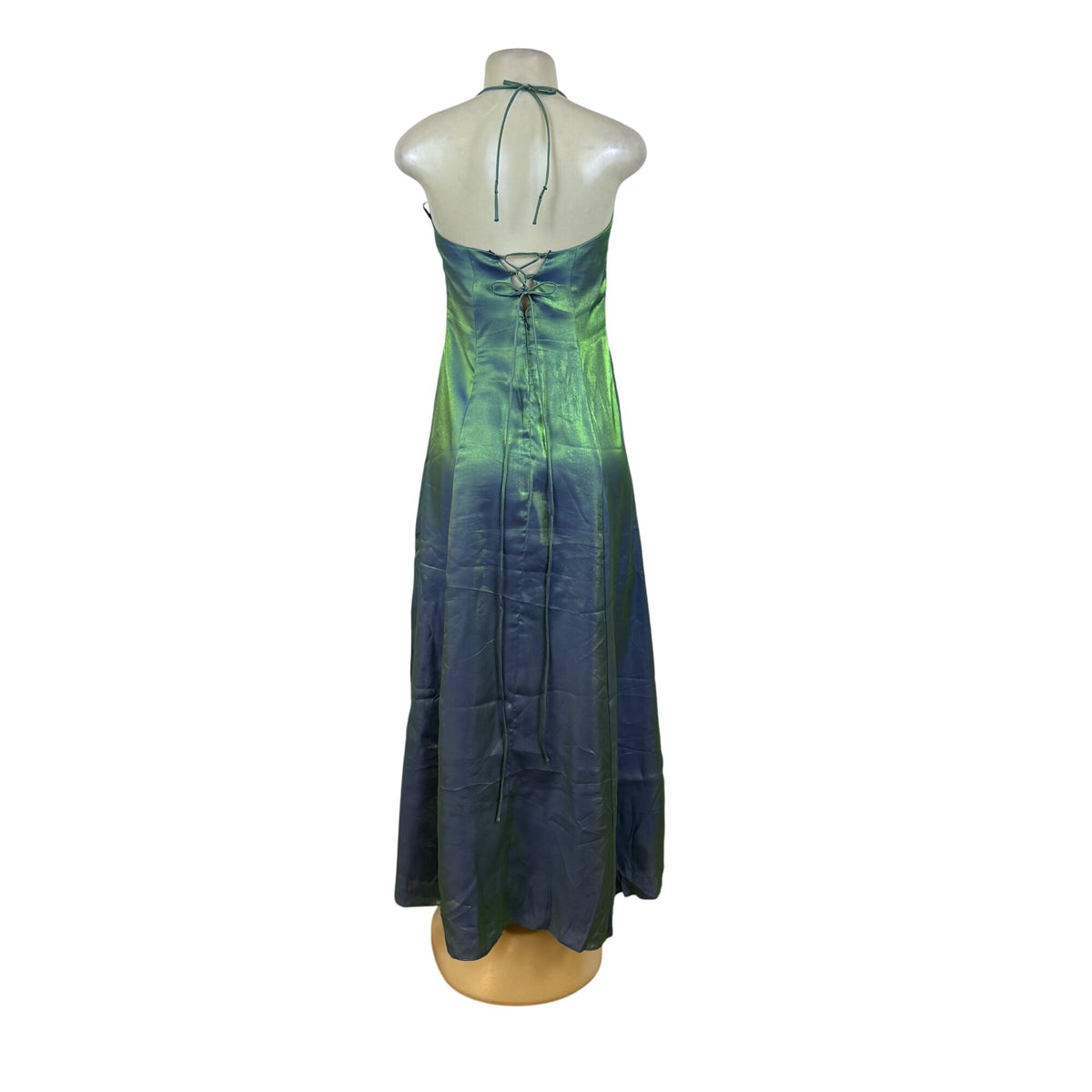 Nadine Green & Blue Iridescent Halter Maxi Dress Satin Back Tie Adjustable Sz 9