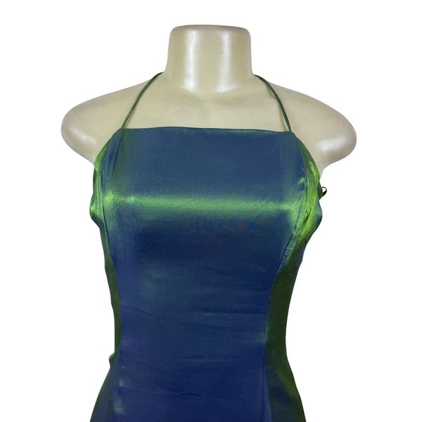 Nadine Green & Blue Iridescent Halter Maxi Dress Satin Back Tie Adjustable Sz 9