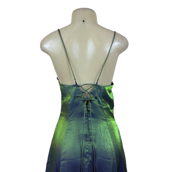 Nadine Green & Blue Iridescent Halter Maxi Dress Satin Back Tie Adjustable Sz 9